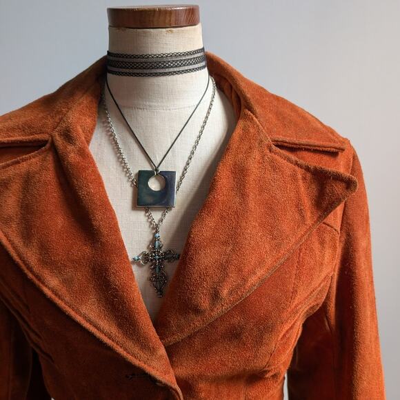 Vintage Orange Brown Suede Jacket Belted Leather Coat Western Rust Red 70s Small - Picture 9 of 10